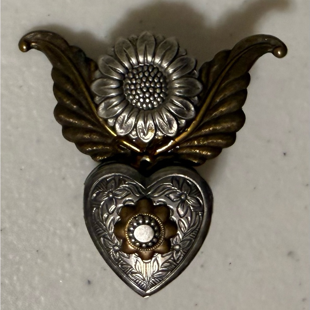 Vintage Treska “Rare” Locket Brooch in Sunflower, Heart, & Angel Wings
